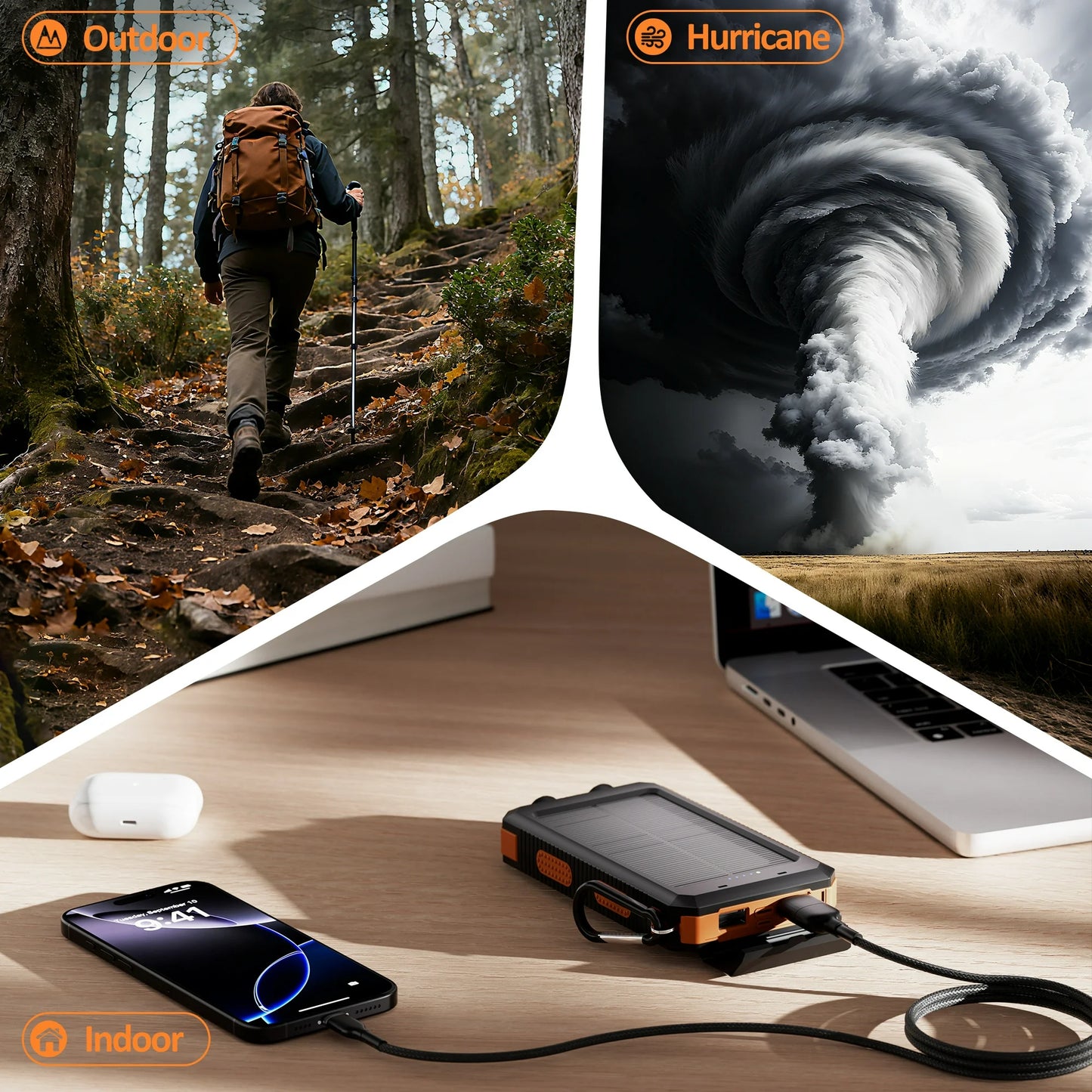 Solpowben 20000mAh Solar Power Bank Compatible for iPhone Portable Solar Power Bank with Dual 5V USB Ports 2 Flashlight Compass Battery Pack for Outdoor Camping Hiking (Orange)