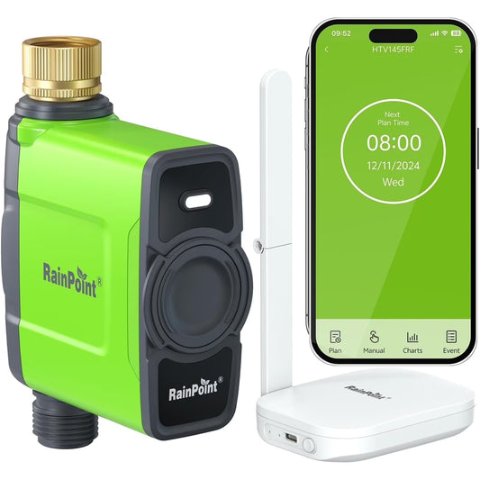 RainPoint Smart Sprinkler Timer 1 Zone Irrigation System for Garden Watering, HTV145B Water Hose Timer and HWG023WRF WI-FI Hub