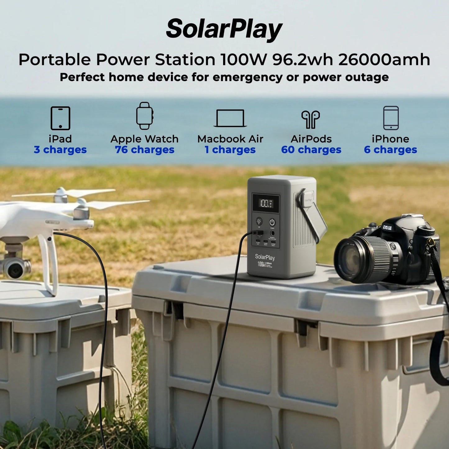 SolarPlay Q100 Portable Power Station with 96Wh LiFePO4 Battery, 100W Solar Generator Two-Way Fast Charging, for Outdoor Camping & Emergencies