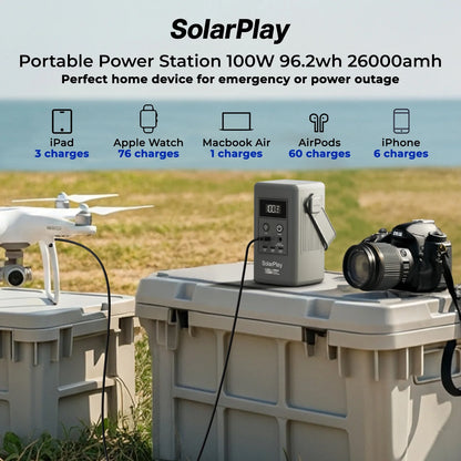 SolarPlay Q100 Portable Power Station with 96Wh LiFePO4 Battery, 100W Solar Generator Two-Way Fast Charging, for Outdoor Camping & Emergencies