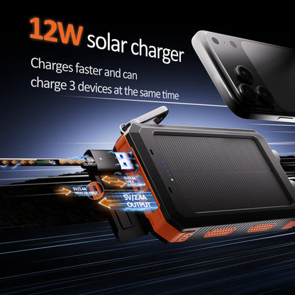 Solpowben 20000mAh Solar Power Bank Compatible for iPhone Portable Solar Power Bank with Dual 5V USB Ports 2 Flashlight Compass Battery Pack for Outdoor Camping Hiking (Orange)